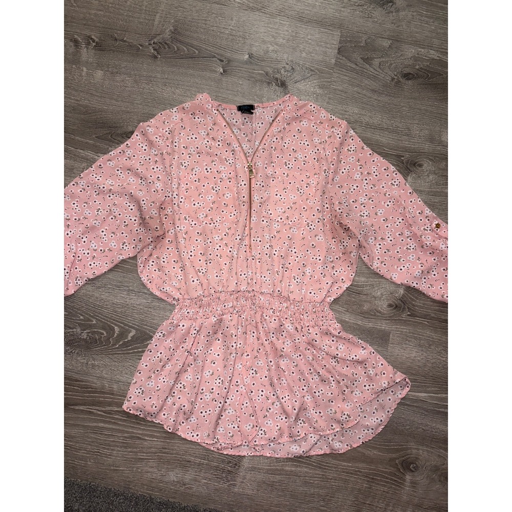 Rue+ 3X Pink Floral Print Gold Zipper Blouse Women cinched waist 3/4‎ Sleeves